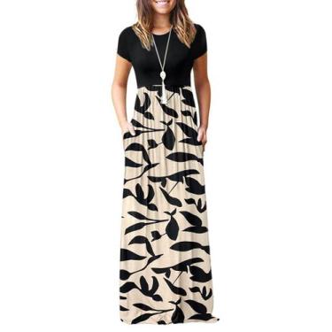 Imagem de Vestido maxi AUSELILY feminino de manga curta, solto, liso, preto