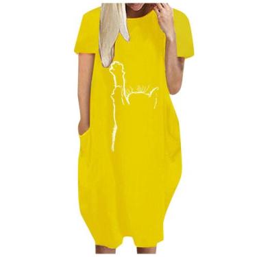 Imagem de Moda Feminina Loose Love Print O-neck Bolsos Casual Vestido de mangas 