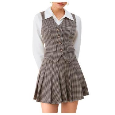 Imagem de Colete xadrez feminino Outfit Milumia, blazer e saia plissada