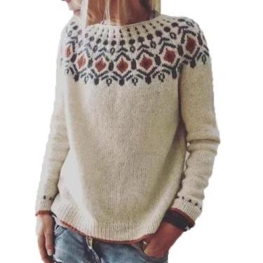 Imagem de Suéter feminino DMOYALA 2024 com estampa Fair Isle, lã branca, tamanho