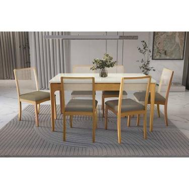 Imagem de Conjunto Sala de Jantar Mira Premium Madeira Maciça c/ Tampo Madeirado c/ Vidro 160x90cm e 6 Cadeiras Lara Carvalho/Off White - Boucle Bege Fendi-Kapp