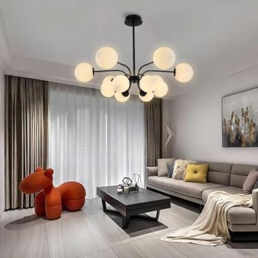Imagem de Lustre Sputnik de 12 luzes, luminária pendente moderna com cúpula de vidro branco opala de 15 cm para teto plano e inclinado, altura ajustável para cozinha, sala de estar, sala de jantar, qu