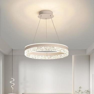 Imagem de Lustre moderno LED pendente luz 50W anel redondo lustre para mesa de jantar acrílico falso cristal vidro branco pendurado teto lâmpada para cozinha ilha restaurante quarto sala de estar, bra