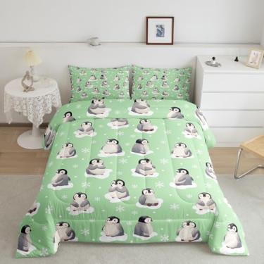 Imagem de Erosebridal Jogo de edredom casal, estampa de pinguim verde, animais de inverno kawaii, para quarto, estampa de flocos de neve, macio para crianças, meninos e meninas, lindo conjunto de colcha para