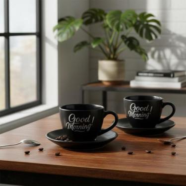 Imagem de Conjunto 2 Xícaras Chá Café Cerâmica Good Day 180ml Preto - Wellmix