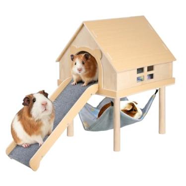 Imagem de LUCKYBOPAN Esconderijo de porquinho-da-índia de madeira com escadas, tapete e rede, casa destacável de dois andares para hamster chinchila furão cobaias acessórios
