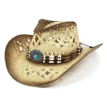 Imagem de Chapéu de cowgirl Fluffy Sense Straw Cowboy Beach Sun Chapéu de sol fe