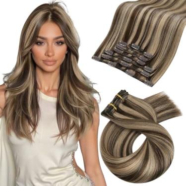 Imagem de Moresoo Extensões de cabelo com clipe de 61 cm, grampo de cabelo brasileiro em extensões cor nº 4, marrom escuro, misturado com clipe loiro camarel nº 27, extensões de cabelo humano 100 g, 7 peças