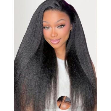 Imagem de KLAIYI Peruca Kinky Edge Yaki Straight Bye Knots Sem Cola, 7X5, Pré-Cortada, Hd Lace Front Wigs, Cabelo Humano Descolorido, Depilado, Fácil De Usar E Pronto Para Até Os 30 Anos, Com Cachos Baby 22 P