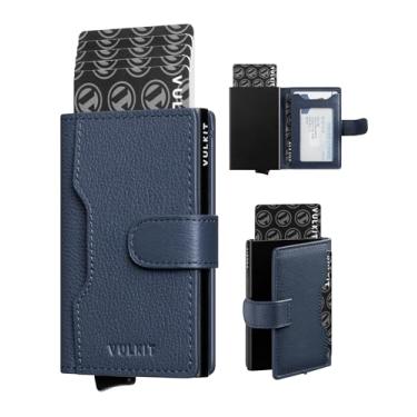 Imagem de VULKIT Carteira fina dobrável dobrável minimalista de couro com bloqueio de RFID, capa para cartão de metal com janela para identidade para mulheres, Top genuíno azul-marinho, Minimalista