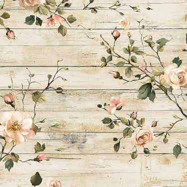 Imagem de Papel de parede rústico de madeira rosa silvestre videira rosa flor descascar e colar papel de contato vinil vintage em papel de parede para quarto, banheiro, armário de cozinha adequado para