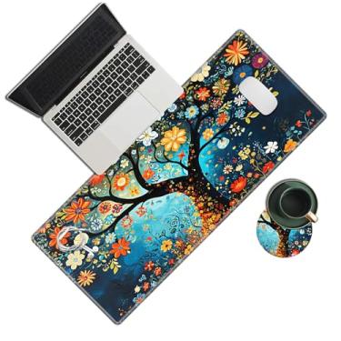 Imagem de Tapete de mouse grande para jogos, árvore floral mágica, tapete de mouse grande com borda costurada para laptop, computador, jogos, escritório, casa, mesa, decoração com porta-copos