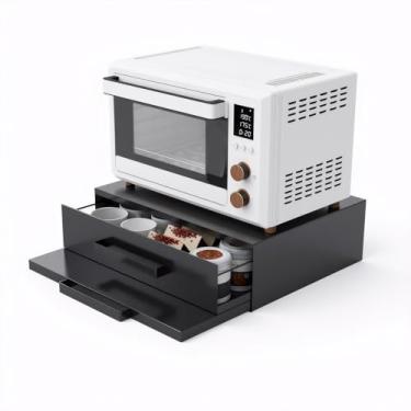 Imagem de VibeNest Suporte de micro-ondas de aço com gavetas e prateleiras removíveis | Organizador de bancada para micro-ondas compactos, estação de café e armazenamento de utensílios de cozinha (preto +