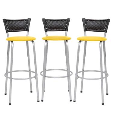 Imagem de Banqueta Altas Junco Preto Estrutura Prata 70cm Para Balcão Cozinha, Bar, Bistrô, Americano Kit 03 Unidades - Itagold (Assento Amarelo)