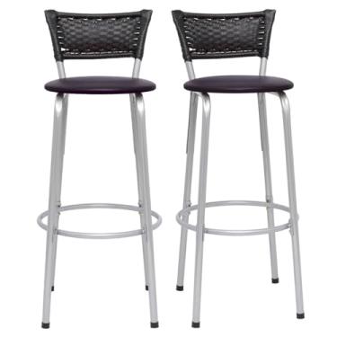 Imagem de Banqueta Altas Junco Preto Estrutura Prata 70cm Para Balcão Cozinha, Bar, Bistrô, Americano Kit 02 Unidades - Itagold (Assento Marrom Escuro)