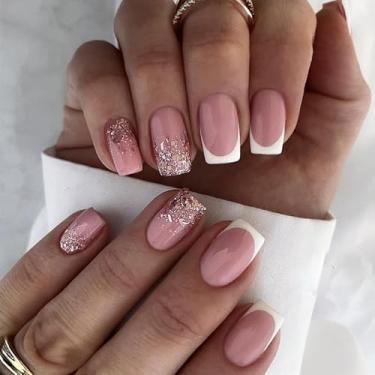 Imagem de Kit de unhas curtas quadradas francesas brancas médias com design de glitter dourado cola em unhas para mulheres unhas postiças de acrílico para unhas postiças presas em unhas para casamento 24 peças
