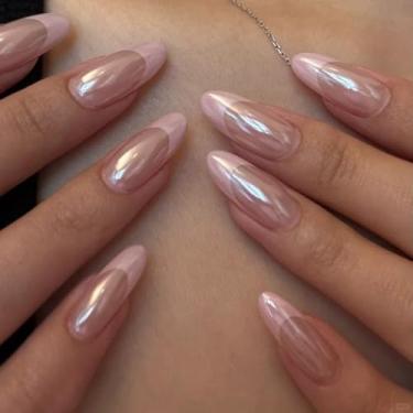 Imagem de Unhas postiças curtas médias amêndoas rosa francesas com design aurora, cobertura completa, cola artificial em bastão falso para mulheres, 24 peças