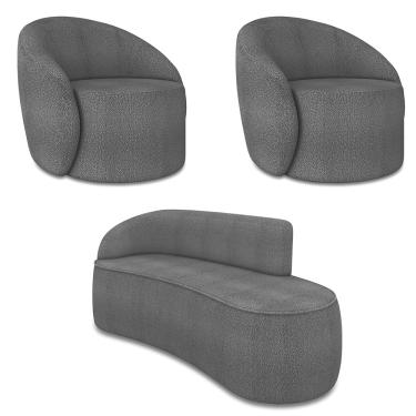 Imagem de Sofá 3 Lugares Orgânico 180cm Morgan e 2 Poltronas Lua Bouclê Grafite D03 - D'Rossi