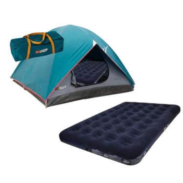 Imagem de NTK Kit Barraca Cherokee GT 3/4 com Colchão de Casal Star, Tenda de Camping Turquesa e Cinza, Inclui Bolsa de Transporte e Colchão Inflável Azul Marinho