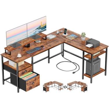 Imagem de Furologee Mesa em forma de L de 167 cm com tomada elétrica, mesa de computador com gaveta de arquivo e 2 suportes para monitor, mesa de escritório em casa com prateleiras de armazenamento, mesa de canto para escrever jogos, mesa de estudo de trabalho, marrom rústico