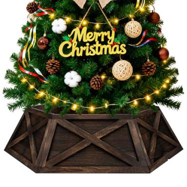 Imagem de Colar de madeira para árvore de Natal, capa de base de árvore hexagonal de madeira marrom para árvore artificial, saia rústica vintage para árvore de fazenda de 2,3 a 3 m, serve para suporte de árvore