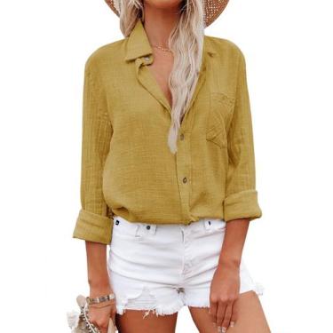 Imagem de Camisa feminina Aoudery de algodão com botões, manga comprida, amarela