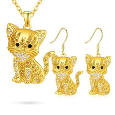 Imagem de Conjunto de 3 peças de colar + brincos para amantes de cães e gatos - diferentes raças de gatos e cães, corrente de aço inoxidável moderna, acessório de joias com tema de moda para homens ou mulheres