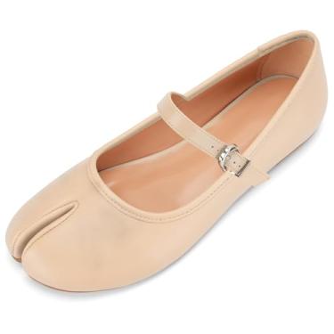 Imagem de Sapatos femininos Tabi Black Mary Janes bico dividido salto alto bloco grosso tira tornozelo confortável vestido trabalho escola escarpin, Sapatilhas bege, 40