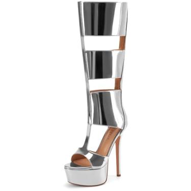 Imagem de Perisis Sandálias gladiadoras plataforma até o joelho para mulheres sexy aberto peep toe salto alto stiletto moda verão vestido festa dança botas com zíper, Patente de prata, 37