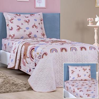 Imagem de Enxoval Kit Colcha + Jogo De Cama Lençol Bouti Solteiro Infantil Kids 4 Peças 100% Poliéster - Unicórnio