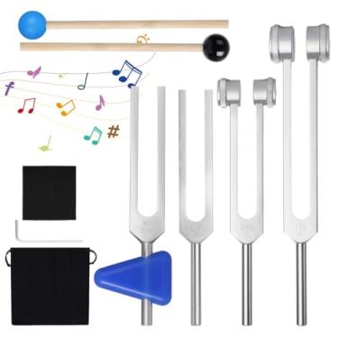 Imagem de Chewtoyo Instrumentos de cura sonora – conjunto de diapasão para música, terapia ioga, Mi 528 Hz, 256 Hz, 128 Hz, 512 Hz, meditação e trabalho energético – 4 peças