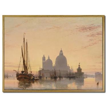 Imagem de Amaloclove Arte de parede vintage Veneza sob o pôr do sol paisagem emoldurada, Harbor Pier paisagem impressão spray decoração de parede para banheiro, escritório, sala de estar, quarto, sala de estar