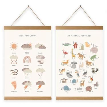 Imagem de Beciway Pacote com 2 pôsteres motivacionais do alfabeto animal de 30,5 x 40,6 cm com cabides de madeira, arte de parede de berçário de safári para sala de jogos infantil e decoração educacional