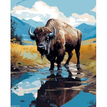 Imagem de WUIVCTR Kits de pintura em tela para adultos com lupa, tintas e pincéis acrílicos, água potável de búfalo africano, 40 x 50 cm, sem moldura