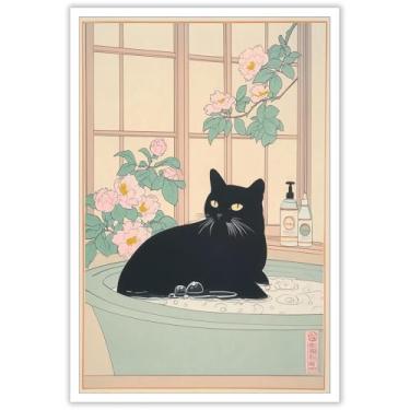 Imagem de Arte de parede de gato preto de banheiro japonês neutro minimalista animal gato preto pôsteres arte japonesa impressão estética pintura para sala de estar família quarto decoração de parede 41x61 cm