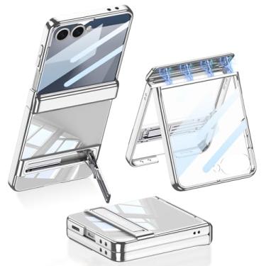 Imagem de Clatoxi Capa transparente para Samsung Galaxy Z Flip 7 com suporte e proteção magnética para dobradiça e protetor de tela, capa rígida à prova de choque de policarbonato transparente fina para Samsung