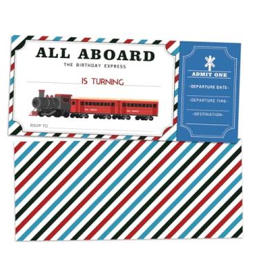 Imagem de ZARYFANCHY Convites de festa de aniversário de trem retrô, convites de aniversário de bilhete de trem, 20 cartões de convite de preenchimento com envelopes, decorações de festa e suprimentos para