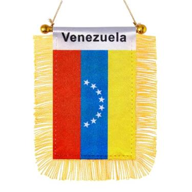 Imagem de JBSJBS Venezuela bandeira pendurada mini bandeiras venezuelanas pequenas para janela de carro banners espelho retrovisor decoração bandeiras da Venezuela com ventosa franjas douradas dupla face 7,6 x