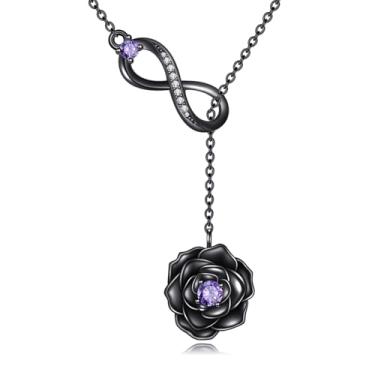 Imagem de KQF Colar de rosa preta prata esterlina 925 roxo rosa infinito barra larait Y Lariat corrente longa pingente flor joias presentes para mulheres