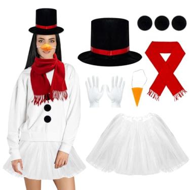 Imagem de AIHSUMC Kit de fantasia de boneco de neve, fantasia de boneco de neve gelada de Natal e inverno para mulheres adultas, cachecol vermelho, branco, saia tutu, luvas, cenoura, nariz, chapéu