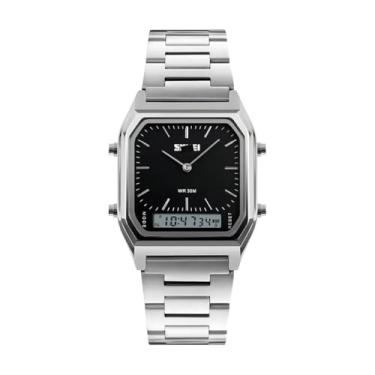 Imagem de Relógio de pulso vintage de aço inox prateado e preto modelo casual analogico digital