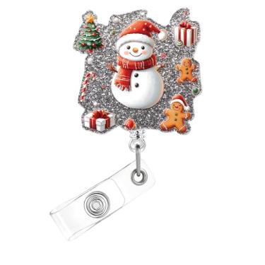 Imagem de Carretel de crachá de Natal, lindo crachá de acrílico de boneco de neve para crachá de identificação com bengala de árvore, doce, suporte retrátil para crachá, acessórios de clipe de jacaré para