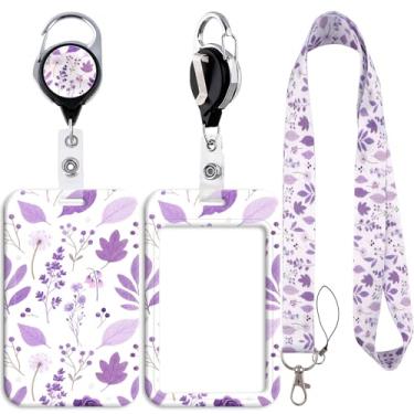Imagem de Cordão de planta roxa para crachás de identificação, suporte de crachá vertical com clipe retrátil para chaveiro com suporte de identidade, protetor de cartão de nome para mulheres, professoras