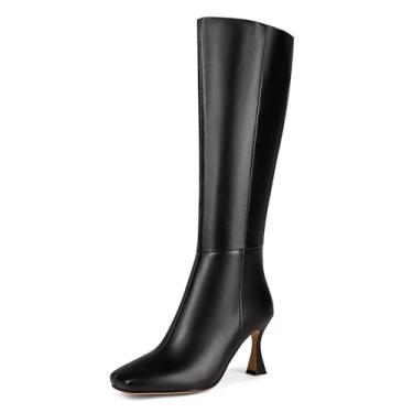 Imagem de Feinlina Botas femininas de couro preto cano alto salto gatinho bico quadrado com zíper lateral vestido botas casuais de casamento, Bk, 39