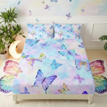 Imagem de QOOMO Jogo de cama Queen com estampa colorida de desenho animado de borboleta, leve, para decoração de quarto, 1 lençol com elástico, 1 lençol de cima, 2 fronhas