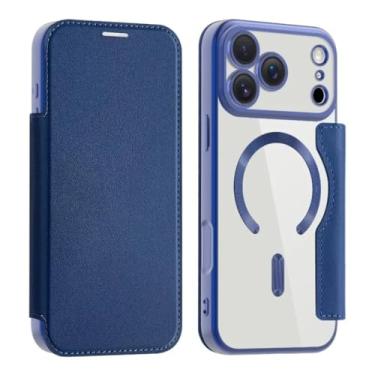 Imagem de SFDSUH Capa Flip Magnética em Couro PU com Revestimento Transparente para iPhone 16 Pro Max, Suporte para Cartões e Porta-Cartões (Para iPhone 16 Pro Max/Azul Escuro)