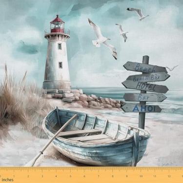 Imagem de Erosebridal Tecido costeiro da The Yard, tecido de estofamento Ocean Beacon para costura acolchoada, barco de madeira, farol, material oceânico, para estofamento e detalhes domésticos, 1 jarda