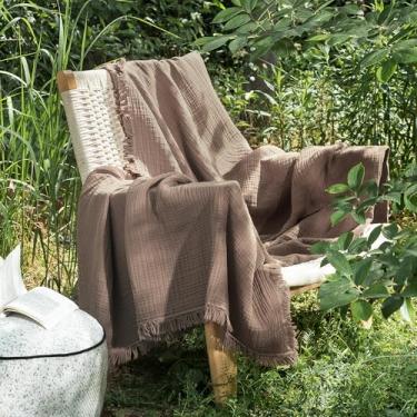 Imagem de MooMee Cobertor de musselina - Cobertor de gaze 100% algodão de 4 camadas com borlas ultramacio respirável leve e refrescante para sofá de cama (marrom, 152 cm x 127 cm)
