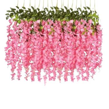 Imagem de Kit 12 Ramos de Flor de Cerejeira Artificial 110cm – Pendente com Galhos Longos para Decoração, Glicínia Rosa/Branca(Rosa)