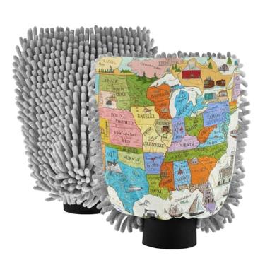 Imagem de STAYTOP Luvas de lavagem de carro com mapa do mundo colorido, 2 peças, luvas de microfibra de chenille, sem arranhões, panos de esponja de lavagem ultra absorventes para carros, limpeza doméstica - M